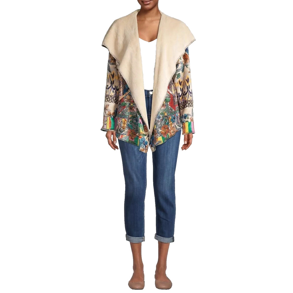 Johnny‎ Was Floral Biya Sherpa Patchwork Hooded Open Waterfall Cardigan Jacket L